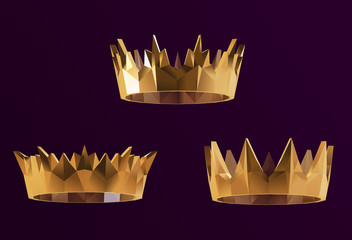 Gold Crown. Shiny Metallic Set of Golden Crowns on Purple Background. Low Poly Vector 3D Rendering