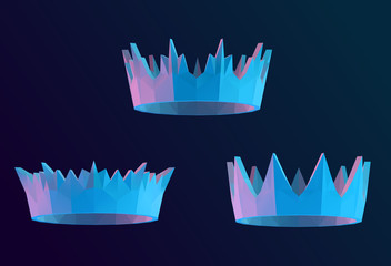 Vibrant Crown. Set of Holographic Crowns on Isolated Background. Low Poly Vector 3D Rendering