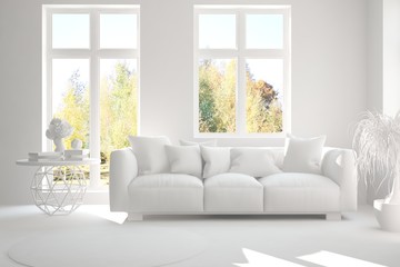 Mock up of stylish room in white color with sofa. Scandinavian interior design. 3D illustration