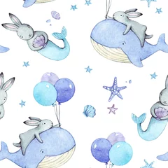 Plaid avec motif Lapin Joli modèle sans couture avec des lapins aquarelles. Lapins de Pâques et baleines.