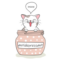 Furry antidepressant. Cute cartoon cat sitting in pill bottle. Hand drawn illustration