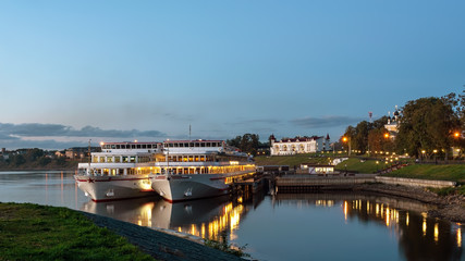 Cruise ship at the pier in the ancient Russian city of Uglich