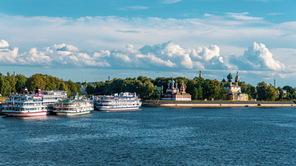 Cruise ship at the pier in the ancient Russian city of Uglich