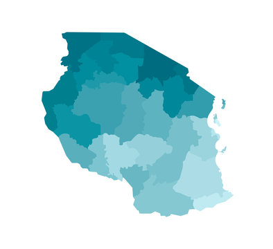 Vector isolated illustration of simplified administrative map of Tanzania. Borders of the regions. Colorful blue khaki silhouettes