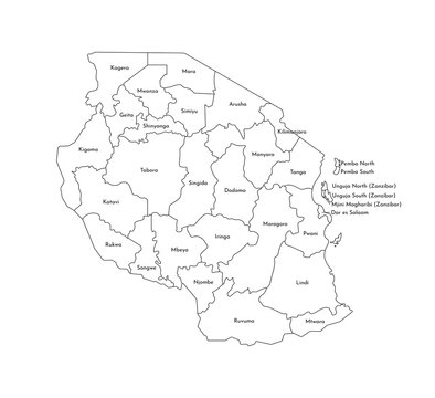 Vector isolated illustration of simplified administrative map of Tanzania. Borders and names of the regions. Black line silhouettes