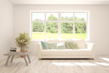 Stylish room in white color with sofa and summer landscape in window. Scandinavian interior design. 3D illustration