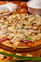 Freshly baked pizza with mushrooms, salami and cheese