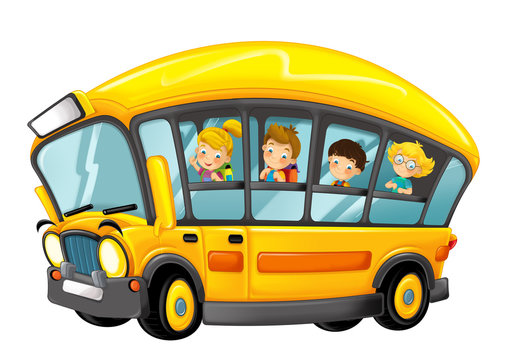 funny looking cartoon yellow bus with pupils on white background - illustration for children