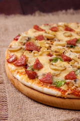 Freshly baked pizza with mushrooms, salami and cheese