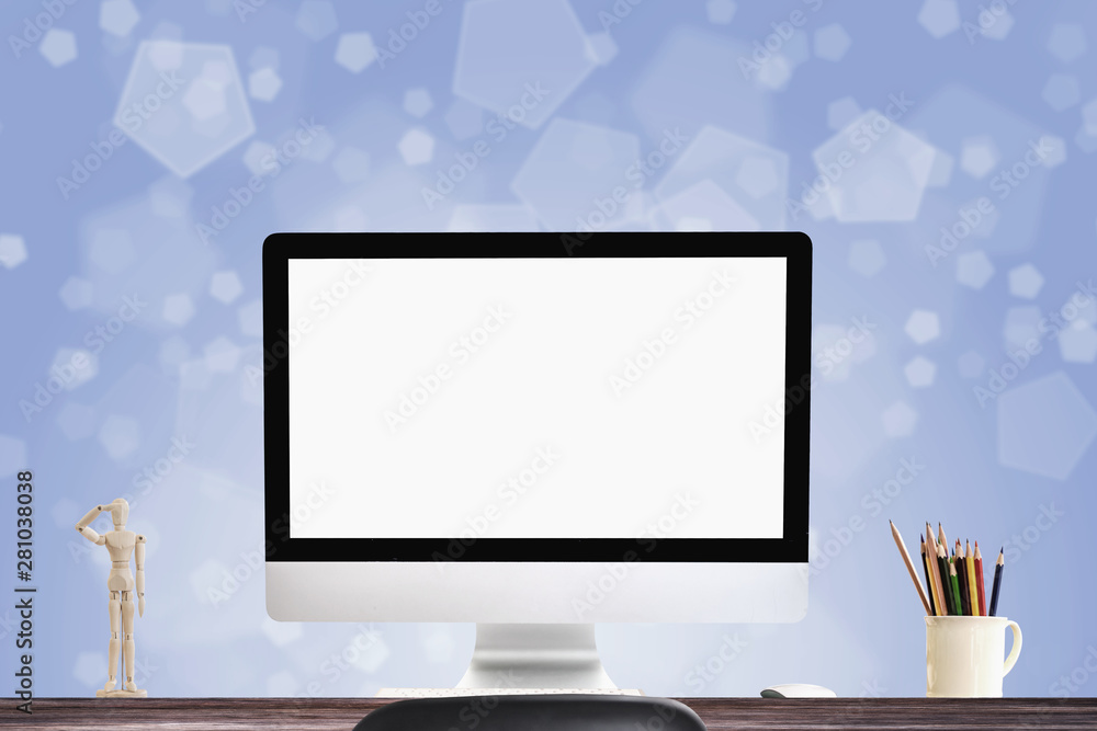 Poster comfortable workplace with modern desktop computer. blank screen for graphic display montage.