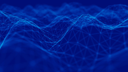 Wave 3d. Wave of particles. Abstract Blue Geometric Background. Big data visualization. Data technology abstract futuristic illustration. 3d rendering.