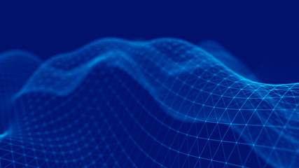 Naklejka premium Wave 3d. Wave of particles. Abstract Blue Geometric Background. Big data visualization. Data technology abstract futuristic illustration. 3d rendering.