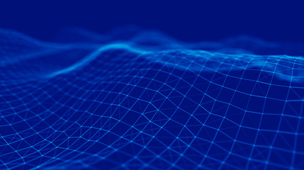 Wave 3d. Wave of particles. Abstract Blue Geometric Background. Big data visualization. Data technology abstract futuristic illustration. 3d rendering.