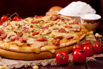 Freshly baked pizza with mushrooms, salami and cheese