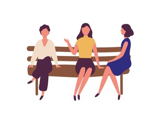 Group of cute young women sitting on bench at park and talking. Outdoor meeting of female friends. Funny flat cartoon characters isolated on white background. Modern colorful vector illustration.