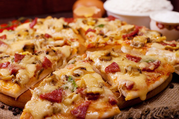 Freshly baked pizza with mushrooms, salami and cheese