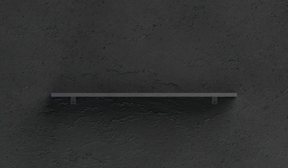 Blank black book shelf mockup mounted on textured wall, 3d rendering. Empty decorative shelving mock up, front view. Clear plank for exhibition or presentation.