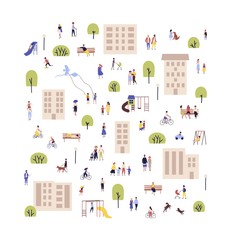 People walking with children or dogs, riding bikes, sitting on bench in city suburbs or outskirts. Cartoon men and women performing outdoor activities on suburban street. Flat vector illustration.