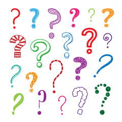 Questions marks hand drawn colorful illustrations set. Vector elements for kids and children on white background