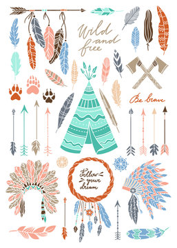 Bohemian vector illustrations on white background. Ethnic elements and symbols: arrows, wreath, indian headdresses, wigwam