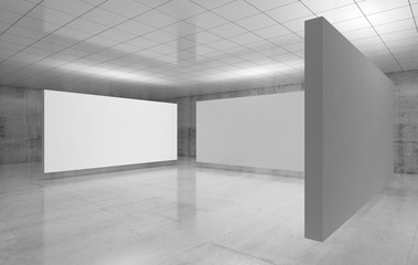 Abstract empty interior, three white stands