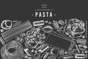 Italian pasta design template. Hand drawn vector food illustration on chalk board. Engraved style. Vintage pasta different kinds background.