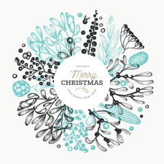 Christmas hand drawn vector greeting card template. Vintage style illustration