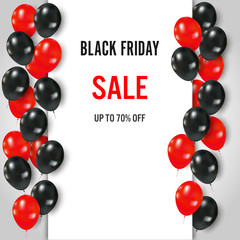 Black Friday with shiny and red Balloons on square frame background as business , discount , promotion and Sale Poster concept. Vector illustration.