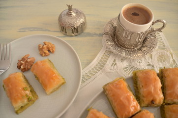 traditional turkish dessert, baklava with walnuts and pistachios