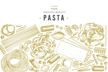 Italian pasta design template. Hand drawn vector food illustration. Engraved style. Vintage pasta different kinds background.