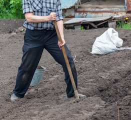 A man digs the ground with a shovel in the garden