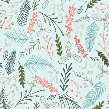 Vector winter Christmas foliage seamless pattern. Elegant retro doodle style holiday season print background design.