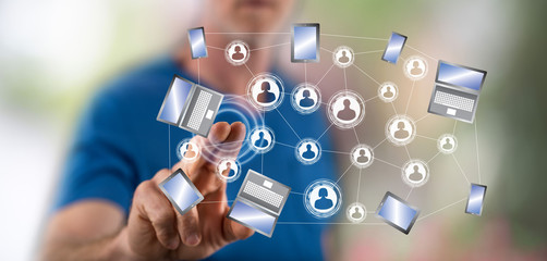 Man touching a social network connection concept