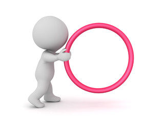3D Character holding with both hands a big red hoop circle