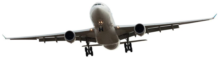 flying modern airplane on isolated white background