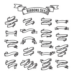 Vector set of different ribbons in handdrawn engraving style.