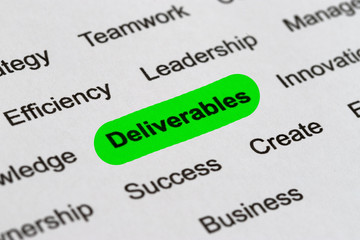 Deliverables - Project Management Buzzwords, Printed on White Paper and Highlighted