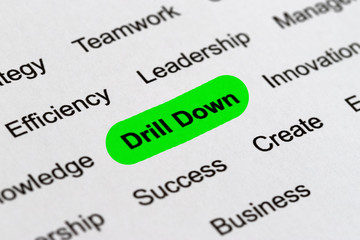 Fototapeta premium Drill Down - Project Management Buzzwords, Printed on White Paper and Highlighted