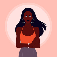 African girl standing with arms crossed. Portrait of a happy young woman on the background of the sun. Vector flat illustration