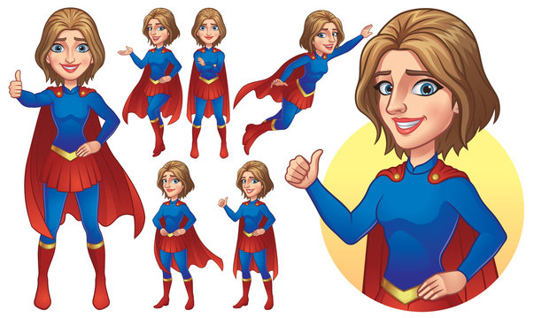 Superhero Girl Mascot in Six Poses, Vector EPS 10