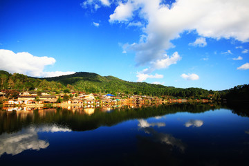 Beautiful landscape village on mountain and blue sky reflection in lake and river at Meahongson province, Thailand