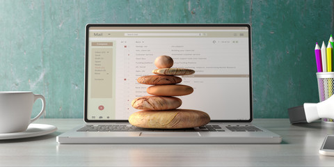 Zen stones stack on a computer laptop office desk background. 3d illustration - obrazy, fototapety, plakaty