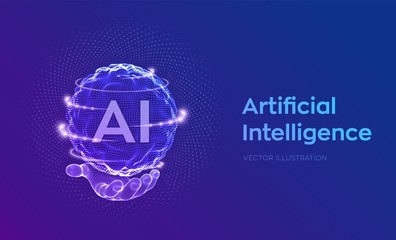 AI. Artificial Intelligence Logo in hand. Artificial Intelligence and Machine Learning Concept. Sphere grid wave with binary code. Big data innovation technology. Neural networks. Vector illustration.