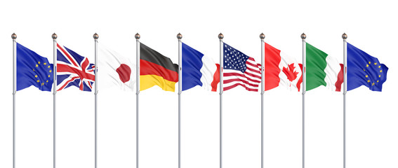 45th G7 summit , August 24–26, 2019 in Biarritz, Nouvelle-Aquitaine, France. 7  flags of countries of Group of Seven - Canada, France, Japan, Germany, Italy, USA , United Kingdom. 3D illustration.