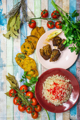 Traditional Indian food chicken tandoori and Tikka with garlic naan
