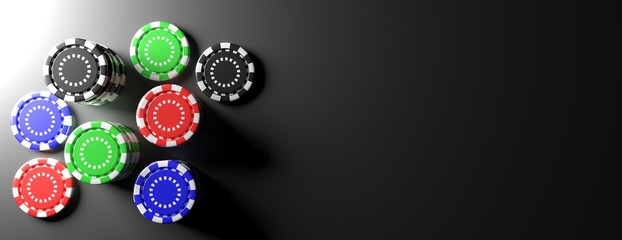 Casino poker chips on black background, banner, copy space. 3d illustration