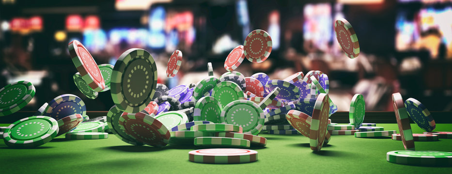 Poker chips falling on green felt roulette table, blur casino interior background. 3d illustration