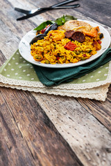 Prawn with rice - closeup of prawn with rice - traditionnal spanish food paella