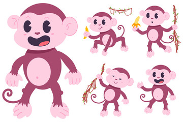 Cute monkeys vector cartoon characters set isolated on white background.