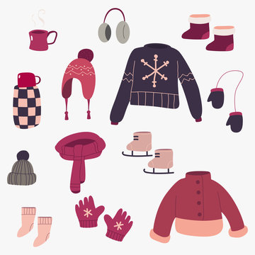 Winter clothes vector cartoon set. Cute outerwear simple flat illustration isolated on background.